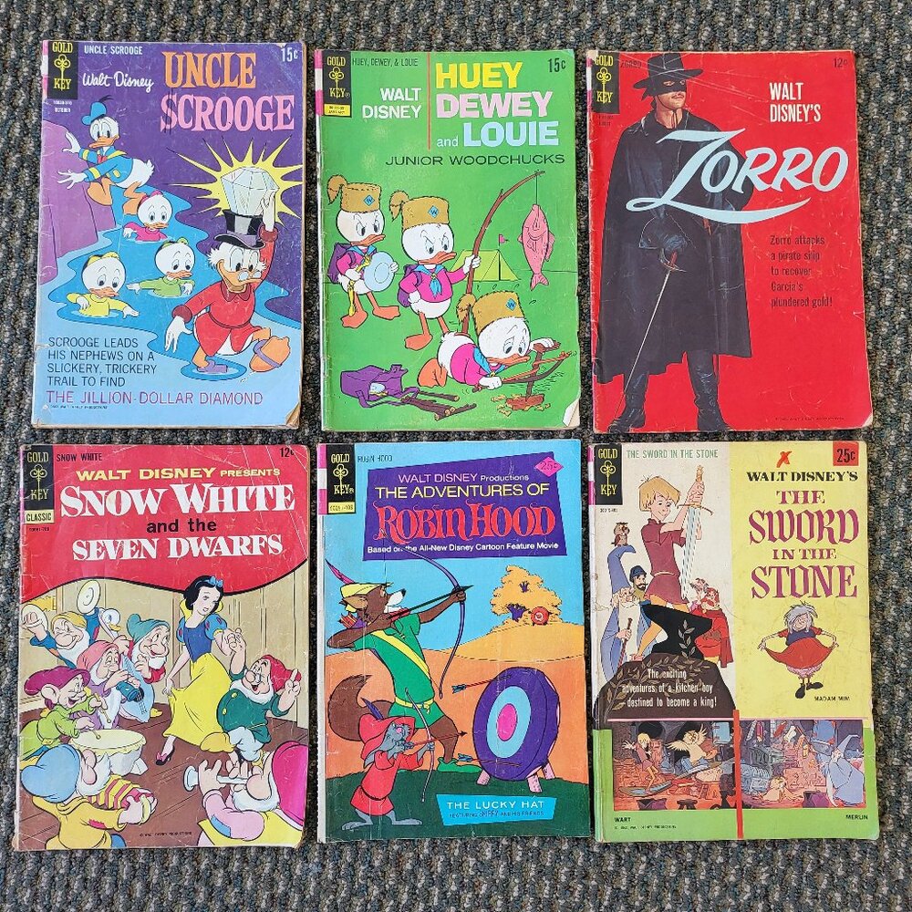 Vintage DISNEY COMICS Gold Key Lot 6 books 1960s Robin Hood Sword Stone Scrooge